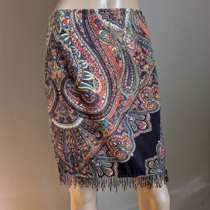 Vintage 90s Y2K Linda Segal Paisley Print Skirt Velvet Feel Beaded Fringe Size 4